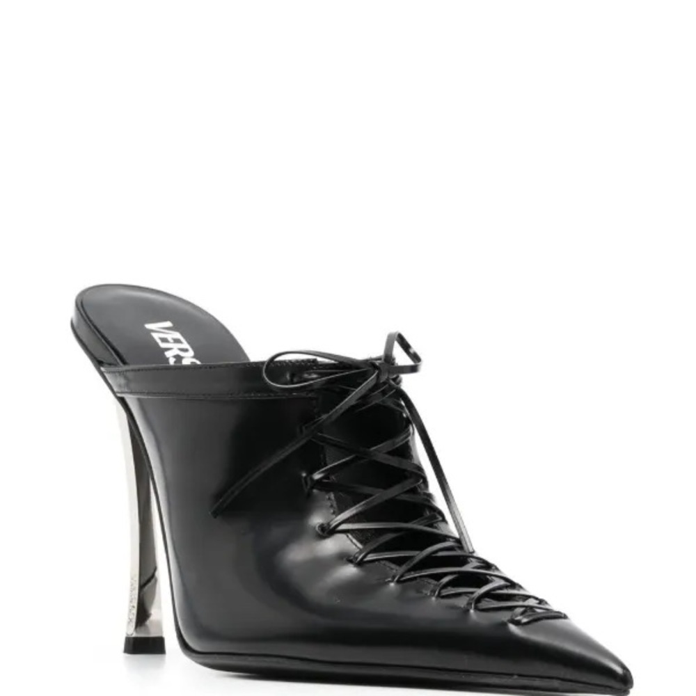 VERSACE 110mm lace-up leather pointed toe mule heels - Picture 3 of 16